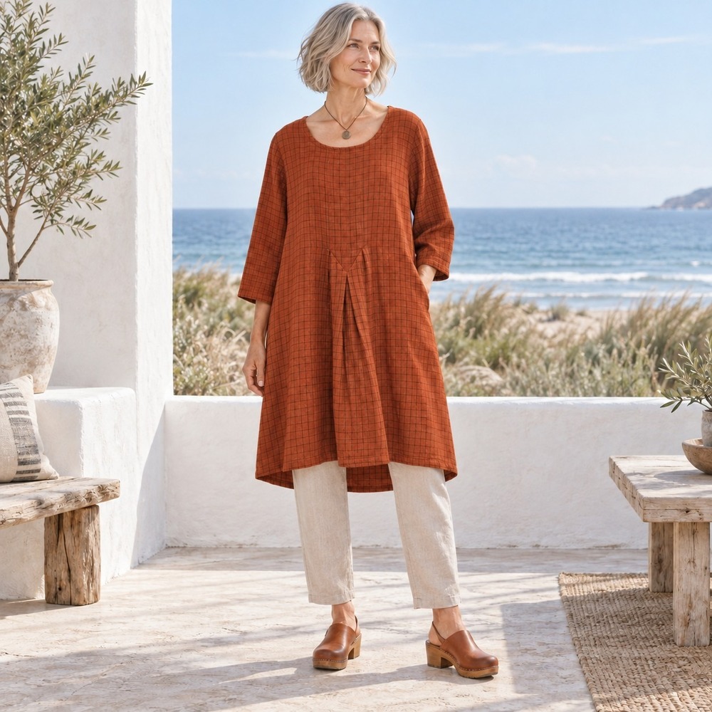 Gudrun Sjoden Dress Women L Rust Check Organic Cotton Midi Pocket Boho Lagenlook
